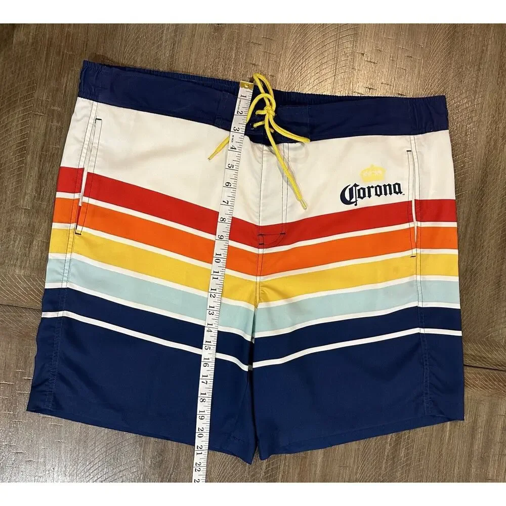 Corona Swim Trunks Mens L 36/38 Blue Colorful Striped Board Shorts Beer Retro